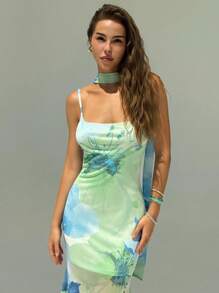 Aloruh Date Night Outfits Women Women's Floral Print Spaghetti Strap Ruffle Hem Maxi Dress With High Slit, Blue Green Color, Suitable For Vacation, Date, Party - Multicolor - View 2