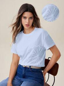 Chiquease Uhlyne Damen T-Shirt aus Baumwolle, einfarbig, für den Alltag, lässiges Design, modisch, Basic, bequem, Herbst, minimalistisch, Arbeitskleidung, Lehrerkleidung, Schulanfang, Herbst, neutral, Business Casual, Old Money Style - Babyblau - Übersicht 5