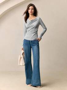 BizChic 2025夏季新款雾蓝色垂褶领长袖女式T恤，商务休闲日常通勤优雅海滩度假之选，适合婚礼宾客、乡村音乐节、早餐、机场等场合，90年代复古斯德哥尔摩风格，独立日 - 淺灰色 - 查看 2