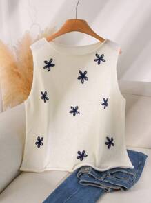 CosyJoli 大码女式 3D 花卉装饰圆领休闲针织背心，秋冬外出上衣 - 白色 - 查看 3