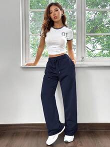 SHEIN EZwear 海军蓝直筒宽松休闲运动裤，适合居家和运动 - 藏蓝色 - 查看 3