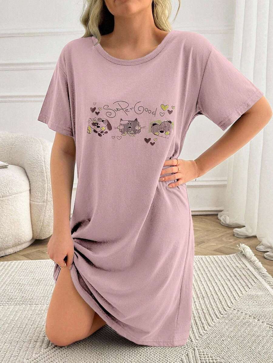 EURMUSE Women Contrast Colour Cute Animal Prints Basic Homewear Sleepdress - Coral Pink - View 1