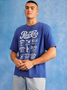 PEPSI X SHEIN 男士休闲街头字母图案短袖T恤，夏季