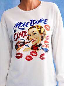 PEPSI X SHEIN Women Letter & Figure Graphic Round Neck Long Sleeve T-Shirt - White - View 5