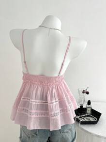 Elamini 女式夏季休闲蕾丝边娃娃领吊带上衣 - 粉色 - 查看 2