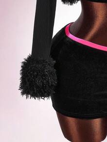 Amplova Solid Fuzzy Trim Open Front Crop Fall Clothes Women Jacket - Black - View 8