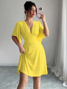 Elenzga New V-Neck Ruched Bust Ruffle Sleeves Women's Waist Cinched Elegant Mini Dress, Flattering & Chic - Yellow - View 4