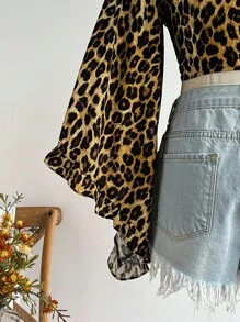 Soleia Áo sơ mi họa tiết da báo tay loe thắt nút hở phía trước cho kỳ nghỉ giản dị - Màu vàng - Xem 3