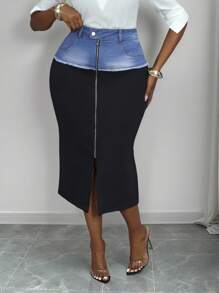 SHEIN Lady Váy denim xẻ tà màu tương phản dành cho nữ cỡ lớn, thiết kế tua rua, viền xẻ, dáng suông, công sở mùa hè - Rửa trung bình - Xem 4