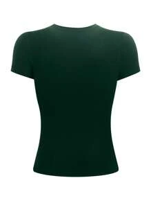 Jouncy Camiseta de cuello redondo ajustada verde oliva sólida para mujer - Verde Oscuro - Ver 2