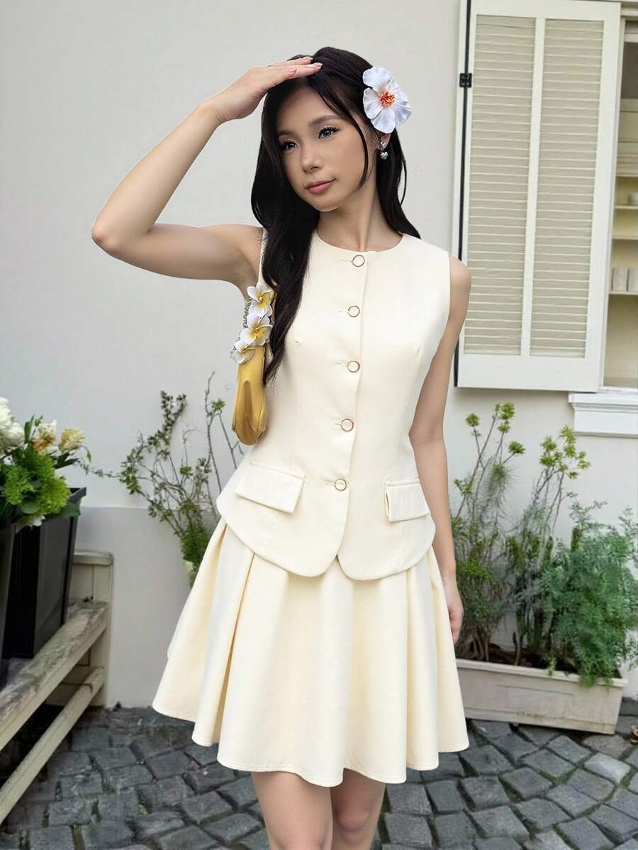 SHEIN 少女休闲简约舒适拉链上衣和百褶迷你裙套装