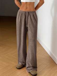 SHEIN EZwear 秋季大码休闲宽松纯色裤 - 卡其色 - 查看 4