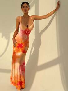 Aloruh Tropical Hibiscus Print Cami Strap Bodycon Sexy Dress, Beach, Vacation, Tropical Print Dress, Orange Summer Dress, Chill Vacation, Summer Getaway, Summer Holiday Chic Dress - Orange - View 1