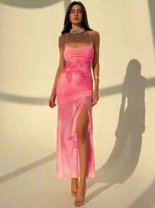 Aloruh 女士橙色花卉网眼高开叉紧身连衣裙