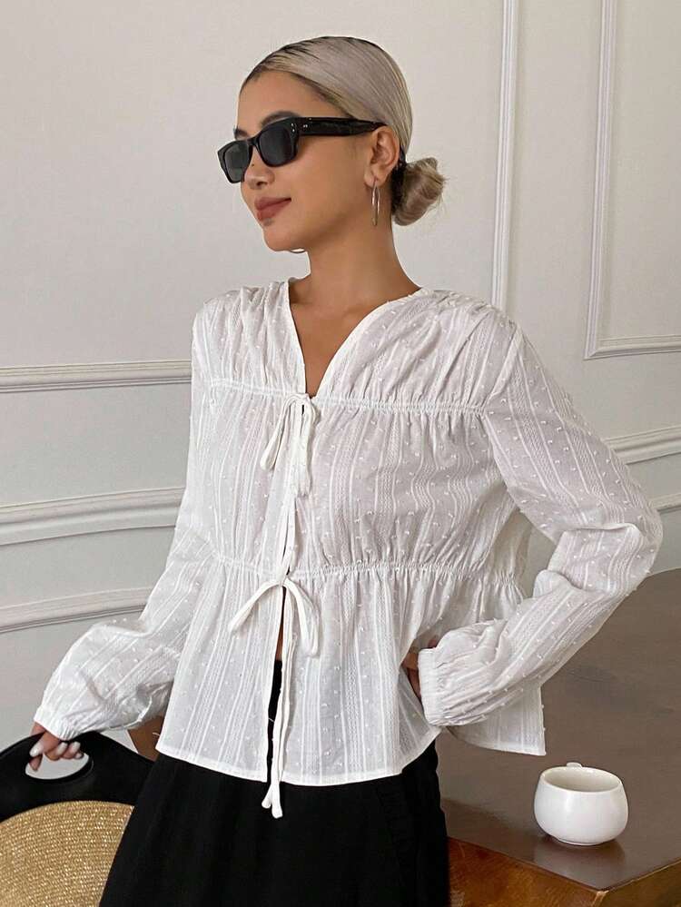 Women's Solid Color Textured Fabric Pleated Tie Waist Loose Long Sleeve V-Neck Casual Autumn Blouse,Fall Women Clothes