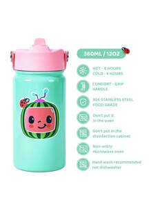 CoComelon X SHEIN 12oz / 360 Ml Cartoon Pattern Insulated Cup With Straw And Spill-Proof Lid, Suitable For Travel, Tourism, And School - Green - View 3