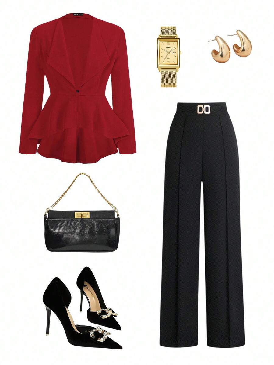 Ellevyn Cổ áo thác nước Viền không đối xứng Áo vest - Đỏ - Xem 1