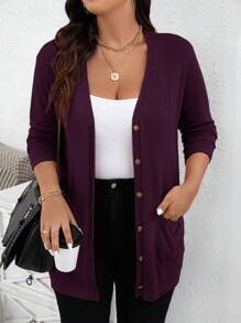 SHEIN LUNE Plus Size Women's Solid Color Fall Sweater Cardigan With Pockets Holiday Plus Size Cardigan,Fall Clothes For Women Autumn - Maroon - View 1