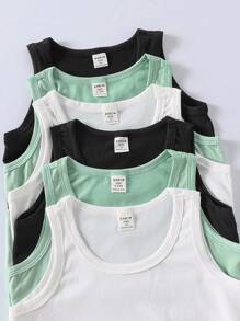 SHEIN Playful Pals 6 件装幼儿男童纯白色圆领休闲针织背心，面料柔软舒适，适合日常穿着、运动、度假 - 可搭配短裤，打造日常休闲造型，适合返校 - 彩色 - 查看 6