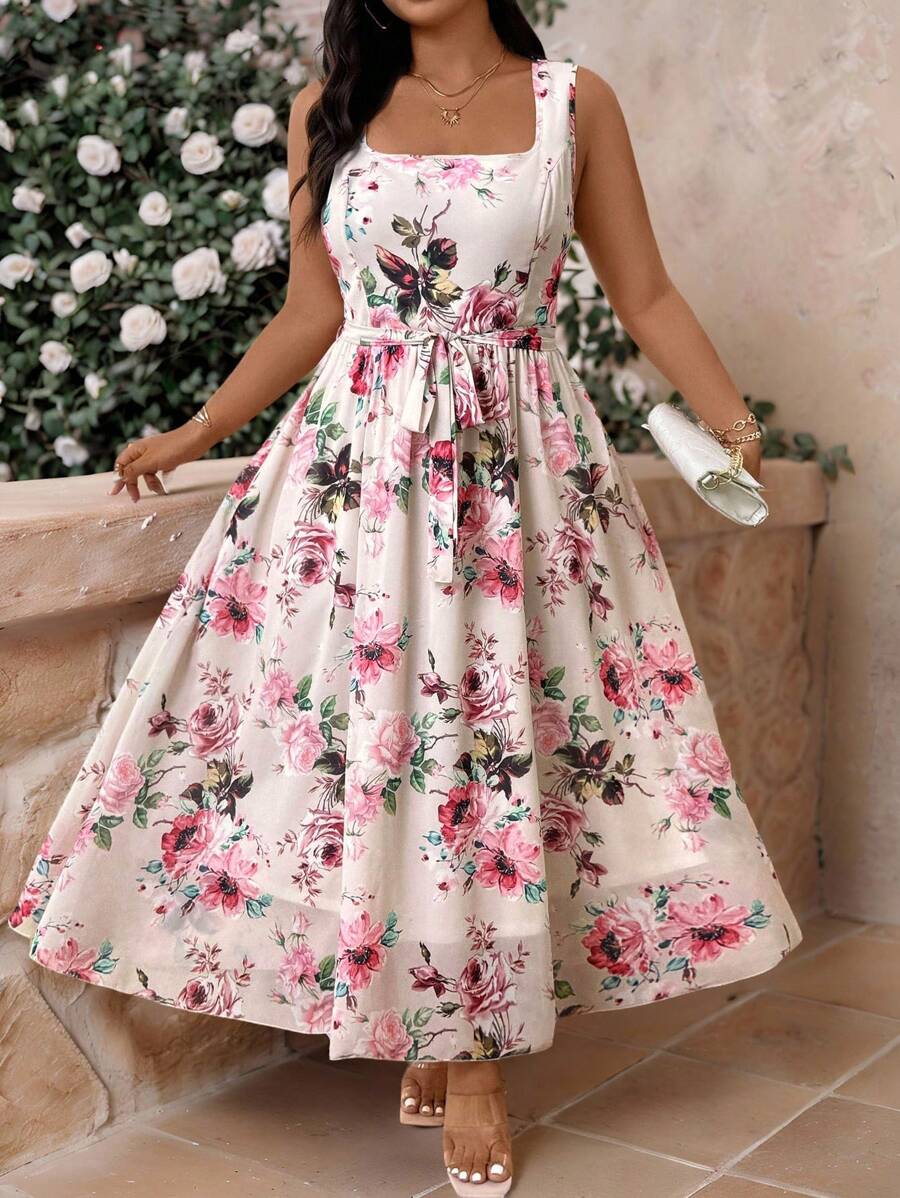 Allurite Váy Maxi không tay họa tiết hoa giản dị đi làm & nghỉ mát thanh lịch mùa xuân/hè/thu có thắt lưng & cổ vuông, thời trang & đa năng, vải thoải mái, cỡ lớn, màu mơ - Màu be - Xem 1