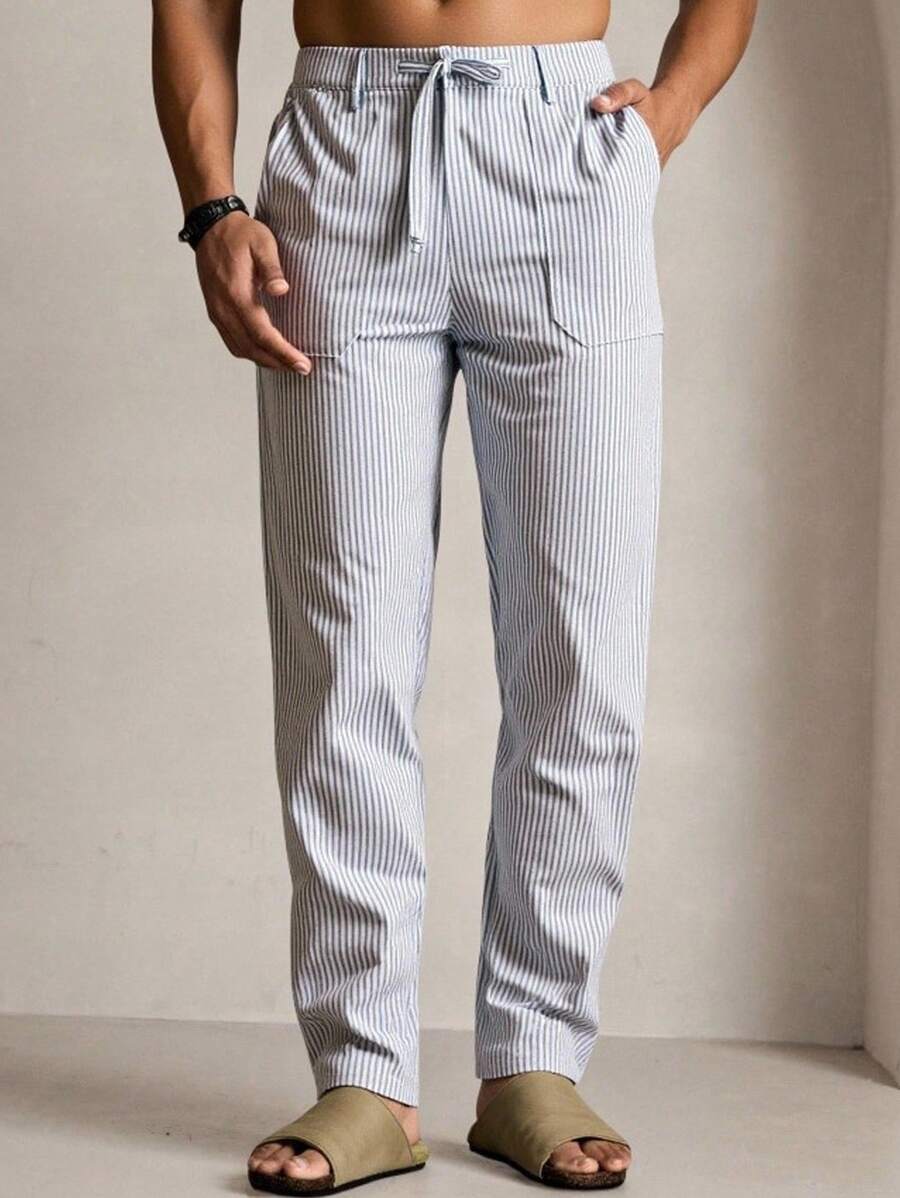 Manfinity VCAY Men's Casual Woven Striped Mid-Waist Tapered Pants - Blue and White - View 1