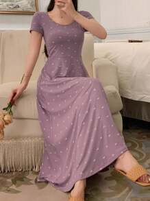 DAZY Bow Print Body-Fitted Short Sleeve Women Home Dress Pajama - Mauve Purple - View 6