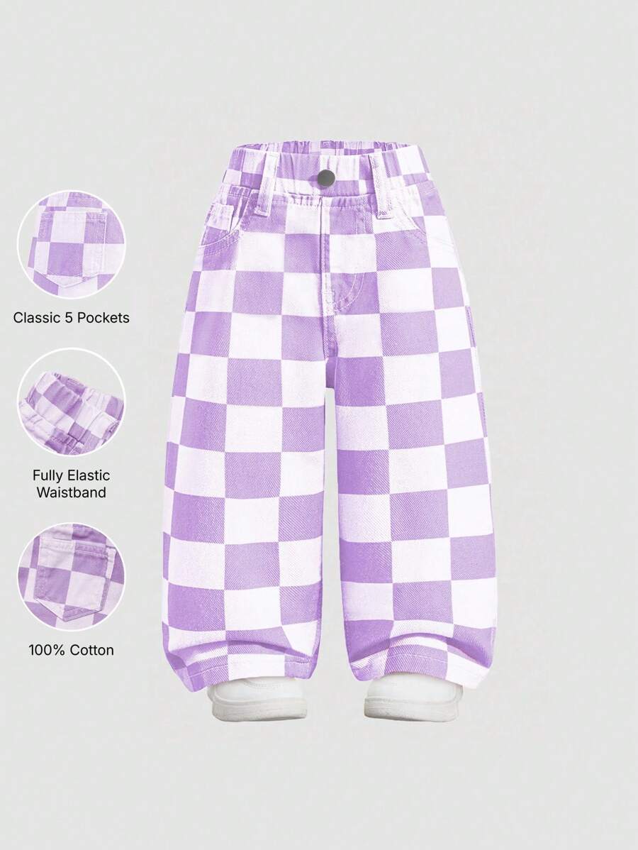 SHEIN Explorewe Denimly 女宝宝休闲户外时尚百搭弹力腰带格子洗水牛仔裤 - 紫色 - 查看 1