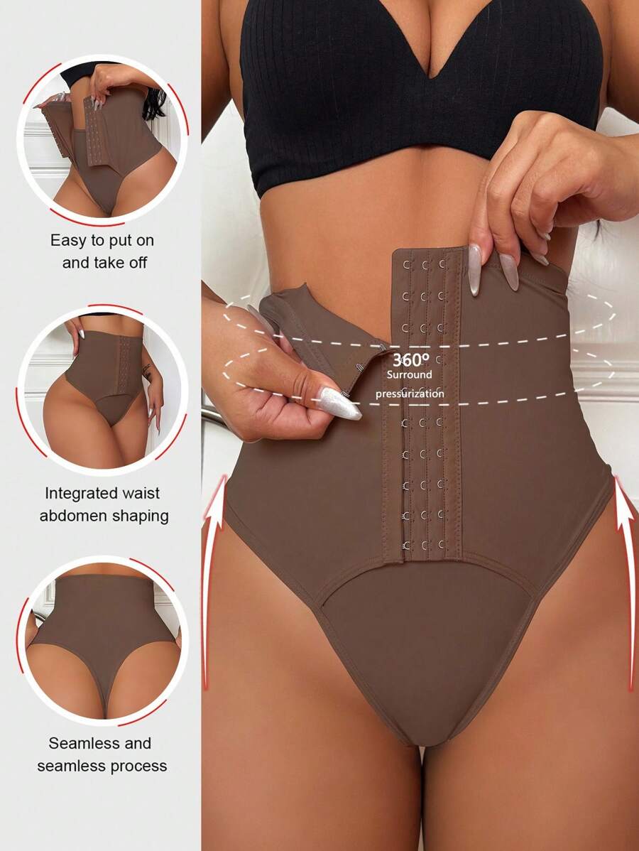 SHEIN Women's High-Waisted Tummy Control Shapewear Panty With Hook-And-Eye Closure - Mocha Brown - View 1