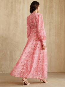 Anewsta Summer Vacation Style Pink Ditsy Floral Long Sleeve V-Neck Dress With Belt For Women - Pink - View 3