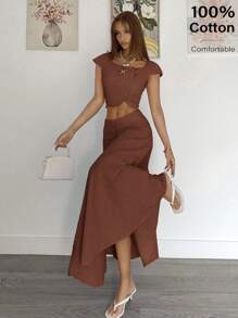 Siren Gaze Bộ 2 món áo crop top và chân váy trơn màu thanh lịch dành cho nữ mùa hè - Cà phê nâu - Xem 3