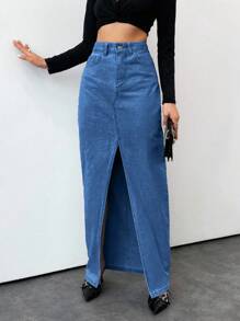 EURMUSE Women's Solid Color High Slit Pocket Elegant Denim Mini Skirt - Teal Blue - View 4