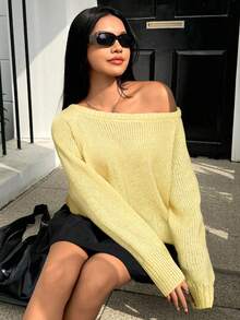 SHEIN EZwear 女士纯色斜肩宽松休闲毛衣