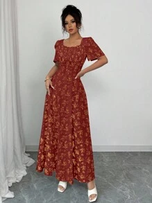 Elenzga 优雅度假休闲泡泡袖方领收腰修身长裙女装春夏 - 彩色 - 查看 3