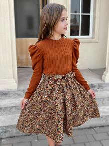 SHEIN Tween Girl Brown Color Boho Knitted Round Neck Long Sleeve Patchwork Ditsy Floral Dress, Suitable For Autumn Winter, Winter Dress For Holiday