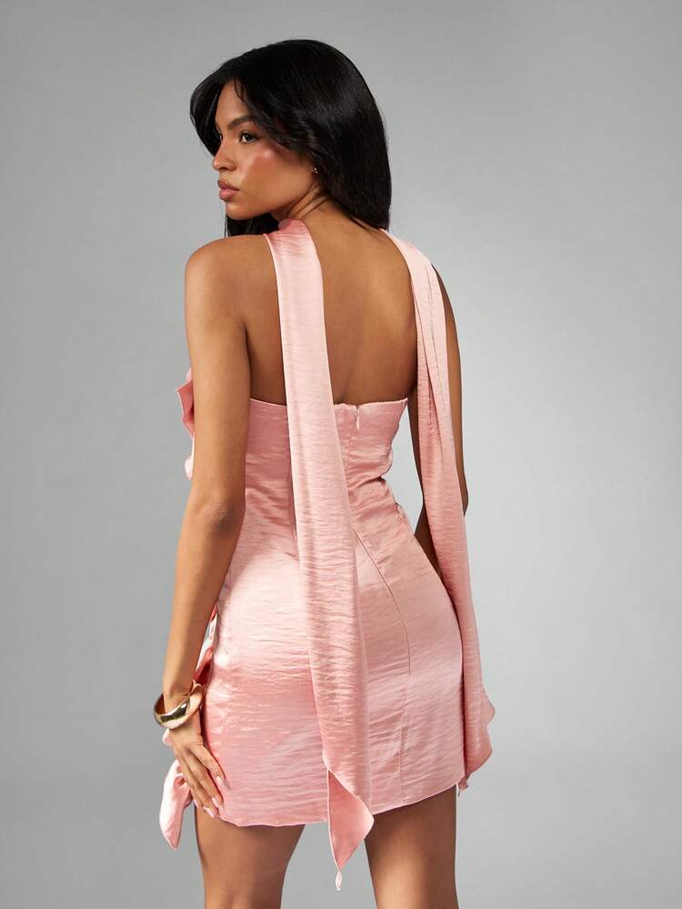 MISSGUIDED Strapless Mini Dress With Ruffle Detail Draped Neck Satin Wedding Guest Party Semi Formal Graduation Special Occasion Homecoming Prom Night Out