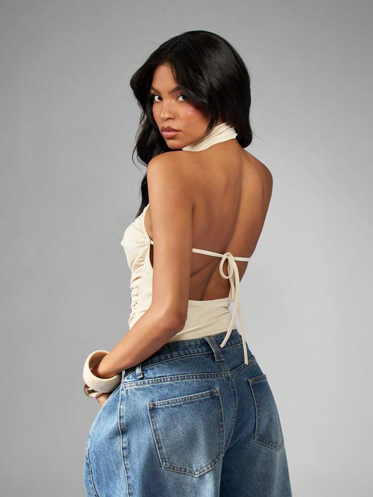MISSGUIDED Ruched Halter Neck Bodysuit With High Neck And Backless Design