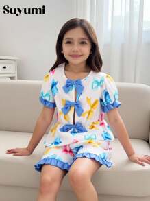 2pcs Tween GirlsButterfly Print Puff Sleeve Blouse And Ruffle Hem Shorts Summer Holiday Outfit - Blue - View 8