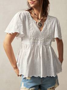 Bohemela 大码女式撞色蕾丝V领荷叶边短袖T恤