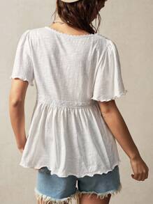 Bohemela 大码女式撞色蕾丝V领荷叶边短袖T恤