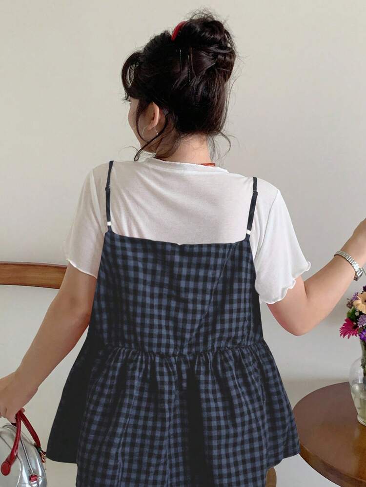 Dazy Plus Plus Size Solid Color Round Neck White Top With Plaid Strap, 2pcs Set