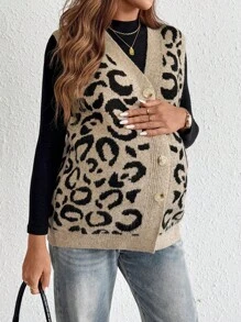 SHEIN 秋装，秋季服装，孕妇装秋季服装孕妇装女士单排扣 V 领豹纹针织背心，秋冬，无袖针织保暖针织上衣，撞色饰边，休闲日常穿着 - 彩色 - 查看 4