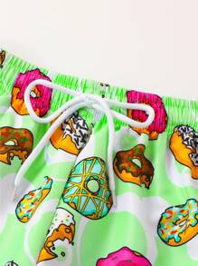 Tween Boy Donut Print Drawstring Waist Loose Swimming Shorts - Green - View 4