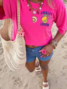 SHEIN LUNE 大码女式字母和柠檬印花宽松圆领蝙蝠袖 T 恤，休闲夏季 - 玫紅色 - 查看 2