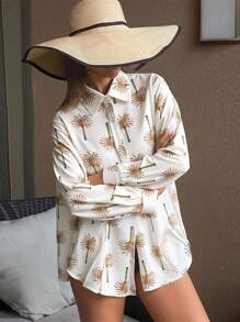 DAZY 女士印花宽松翻领沙滩度假休闲衬衫，秋季长袖上衣 - 棕色 - 查看 1