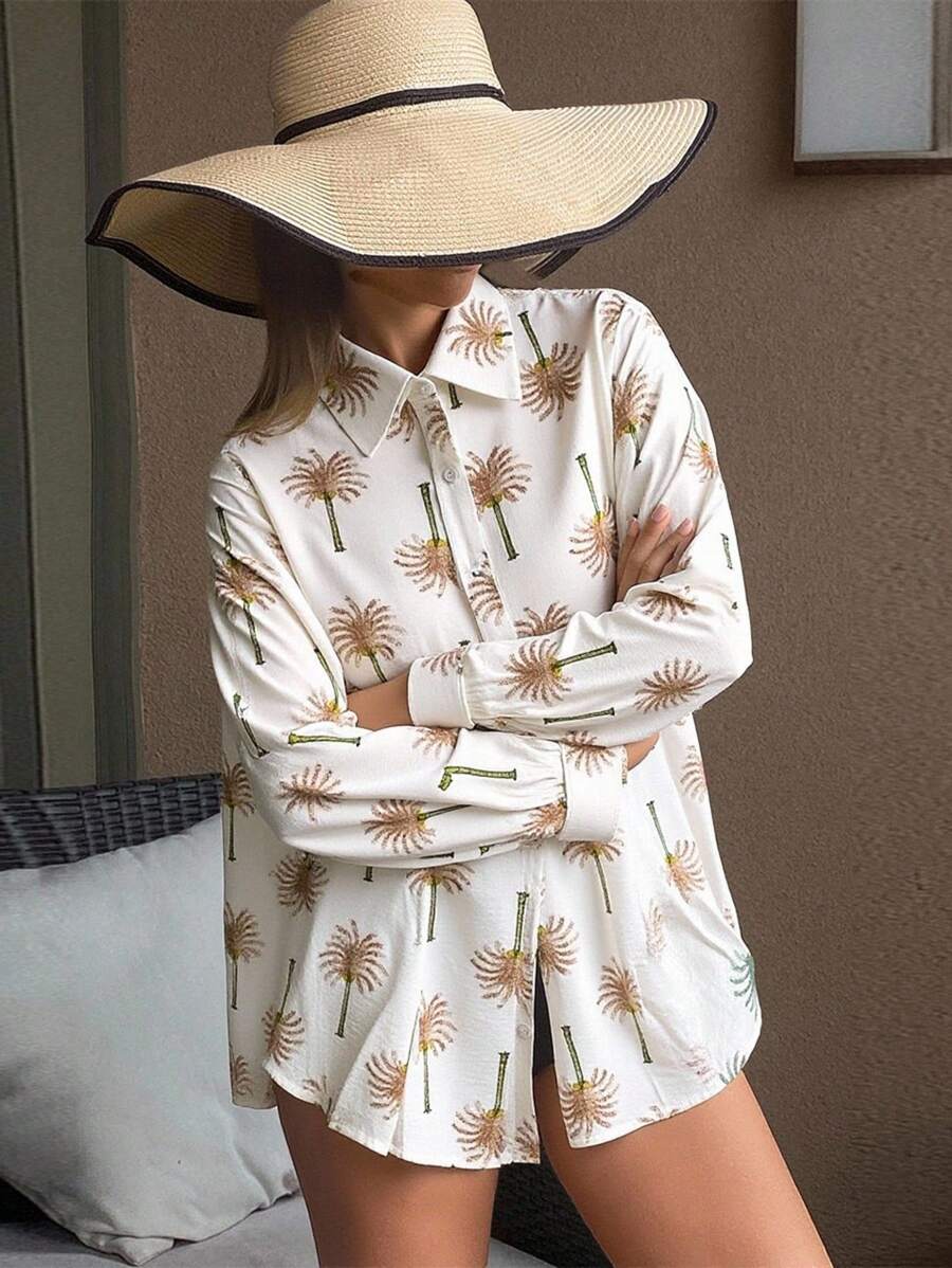 DAZY 女士印花宽松翻领沙滩度假休闲衬衫，秋季长袖上衣 - 棕色 - 查看 1