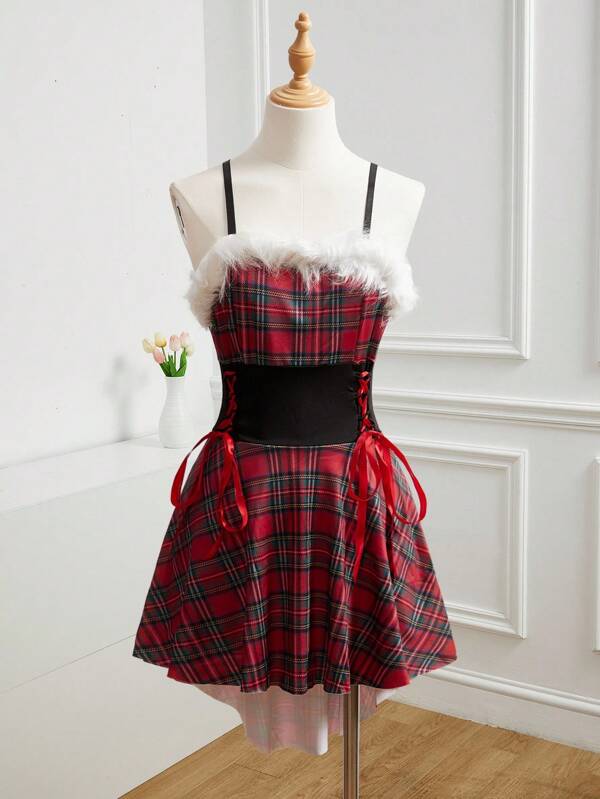 Fantasy Costume Teen Girl's Plaid Patchwork Criss-Cross Strap Jumper Dress, Costume