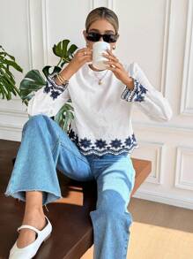 Serisse 女士度假休闲花卉刺绣衬衫 - 藍白色 - 查看 3