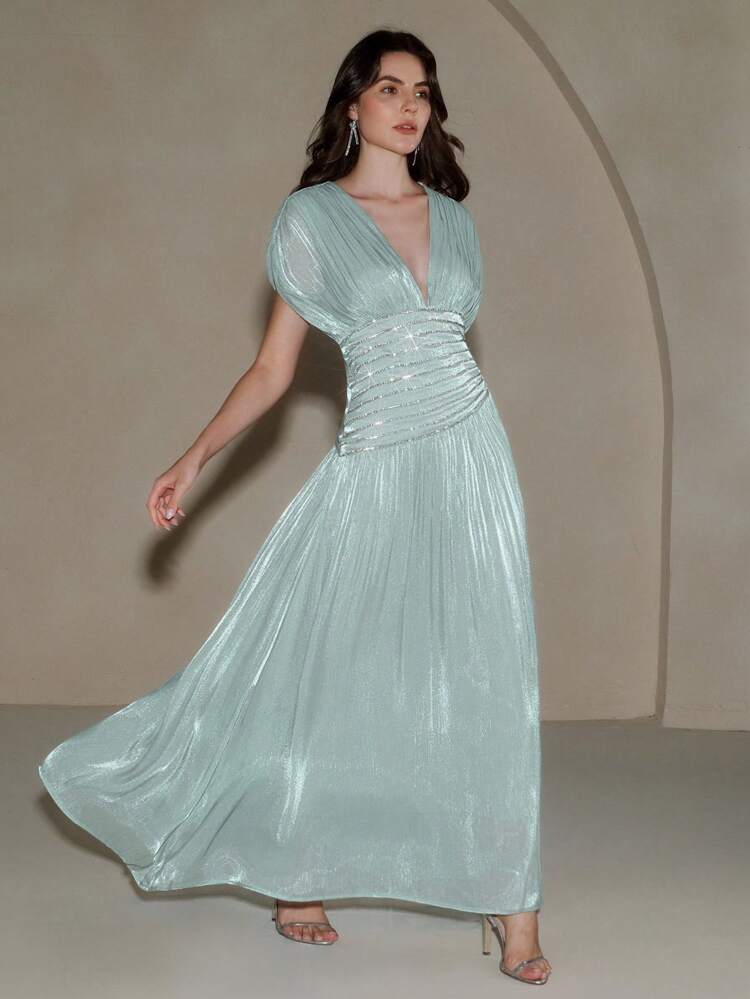 Women's Summer V-Neck Short Sleeve Beaded Chain Pleated Waist Elegant Long Dress