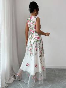 Elenzga Đầm Maxi Không Tay Cinched Eo Thêu Hoa Lưới Cho Nữ - Nhiều màu - Xem 2