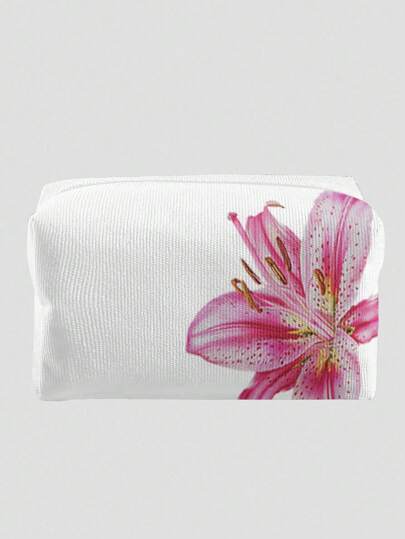 ROMWE Fairycore White Base Pink Lily Floral Pattern Octagonal Velvet Makeup Bag